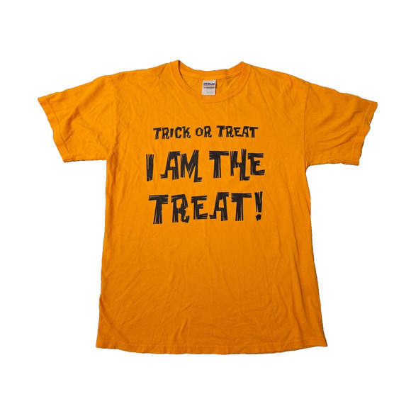 TRICK OR TREAT I Am the Treat! Halloween Short Sleeve Orange Tee Shirt Medium - Picture 1 of 3